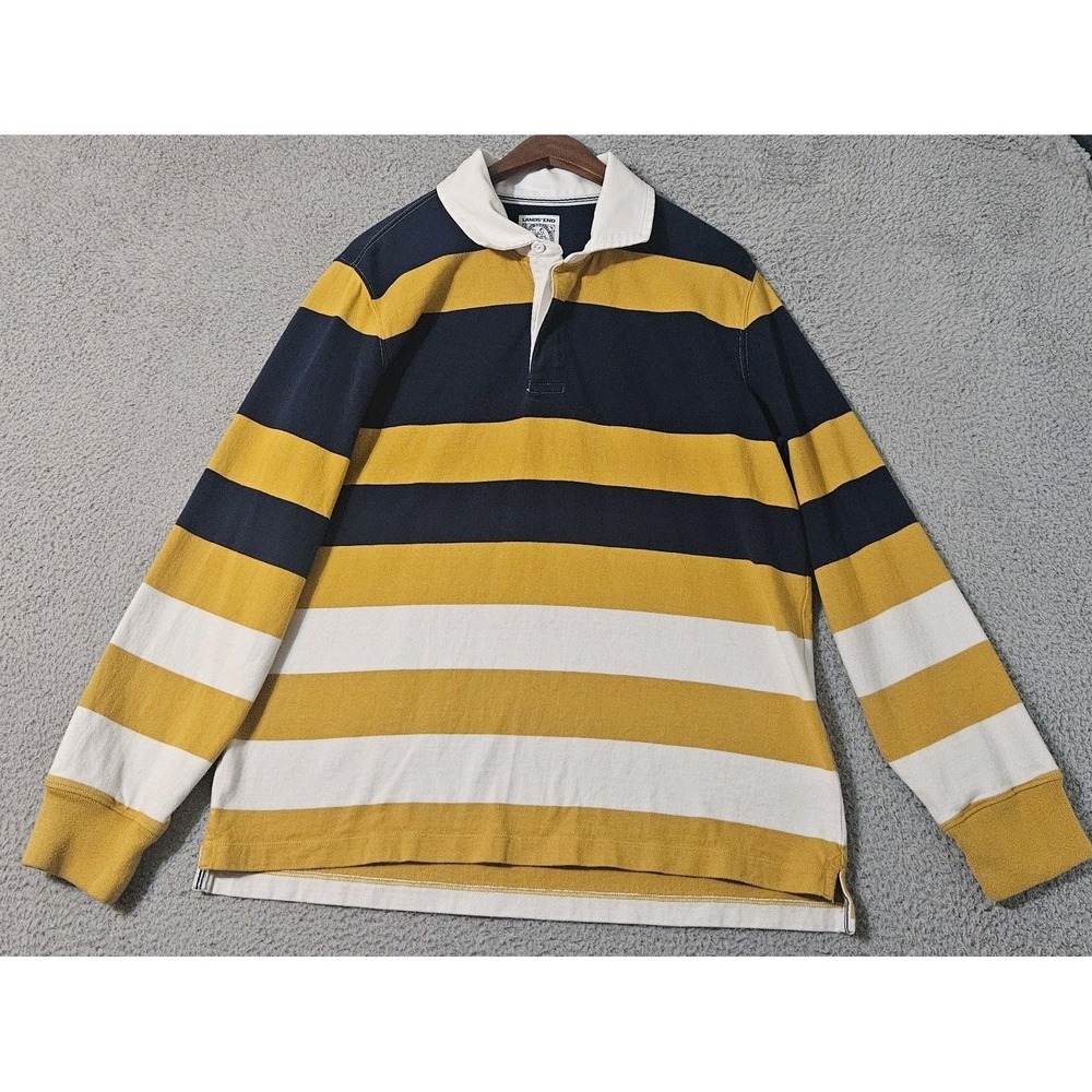 Lands End Rugby Shirt Men's Size Large 42-44 Blue‎ Yellow White Striped Cotton